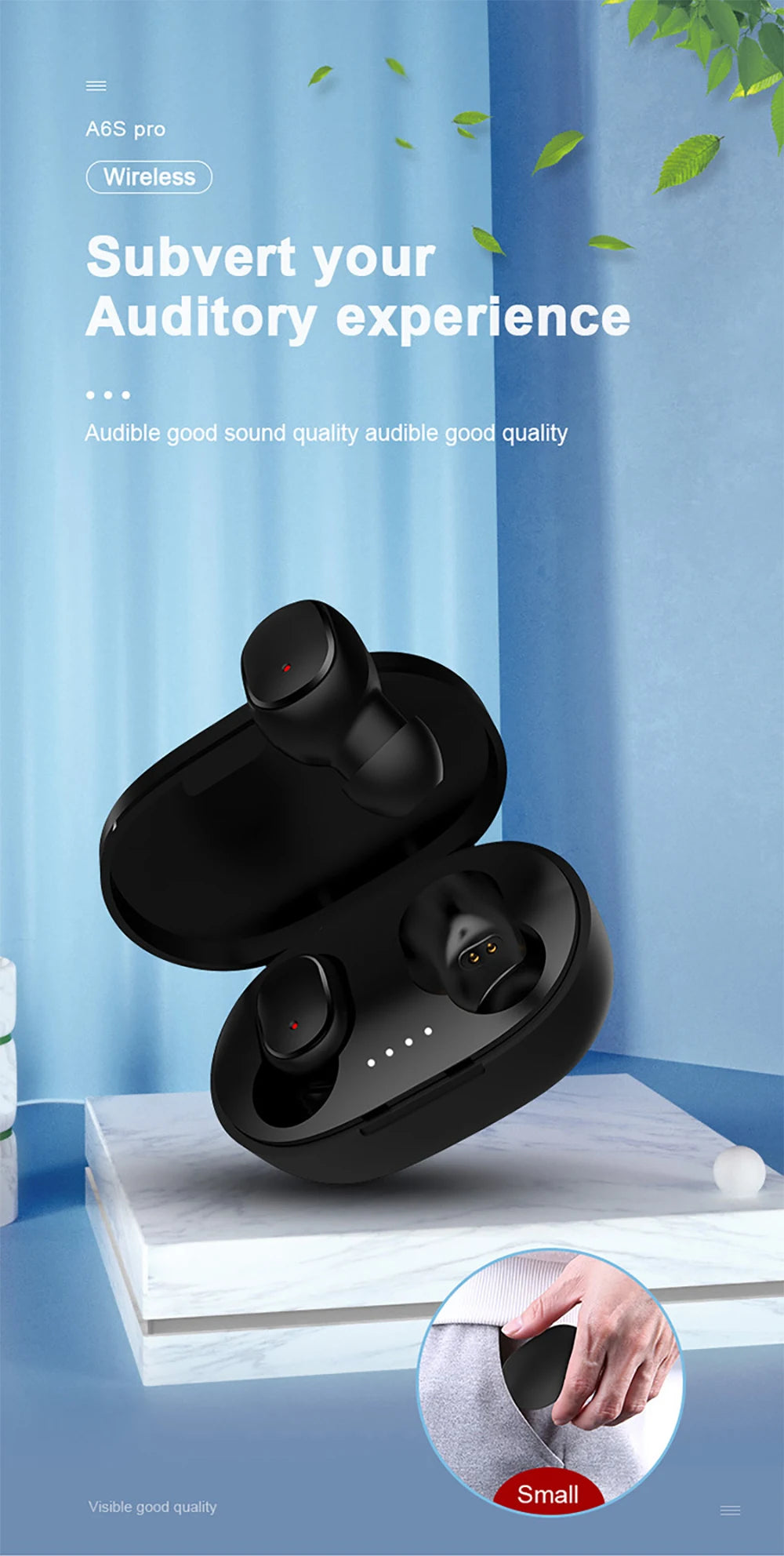 TWS A6S Wireless Bluetooth Headset Earbuds Noice Cancelling Earphone Bluetooth Headphones with Mic