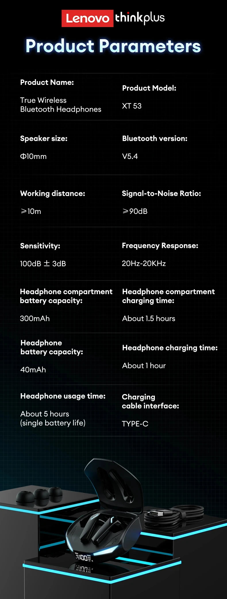 Lenovo XT53 Wireless Upgrade Bluetooth 5.4 Earphones Ultra Long Endurance Low Latency Gaming Headset LED Digital Display Earbuds